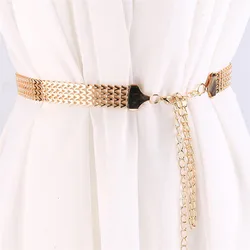 Cinturón de cadena de cintura de Metal de onda de moda, hebilla dorada, cinturón de vestido de cadena de cuerpo