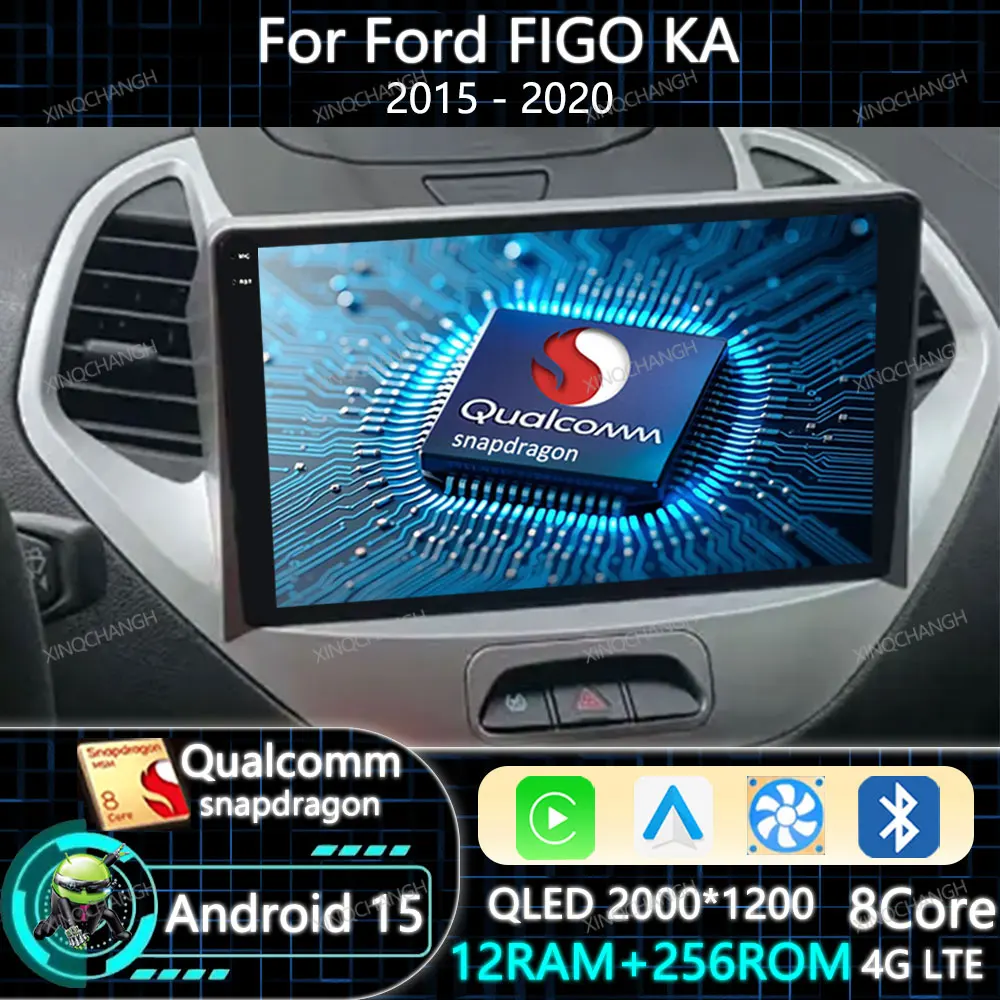 Android 15 rádio do carro carplay auto para ford figo ka 2015 - 2020 unidade principal de navegação 4g wifi gps bt qualcomm 2din qled navegação