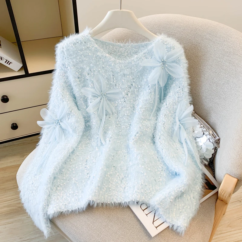 Rosa tridimensional prego grânulo flor camisola feminina outono inverno novo doce macio versátil o-pescoço camisola de malha topo s208