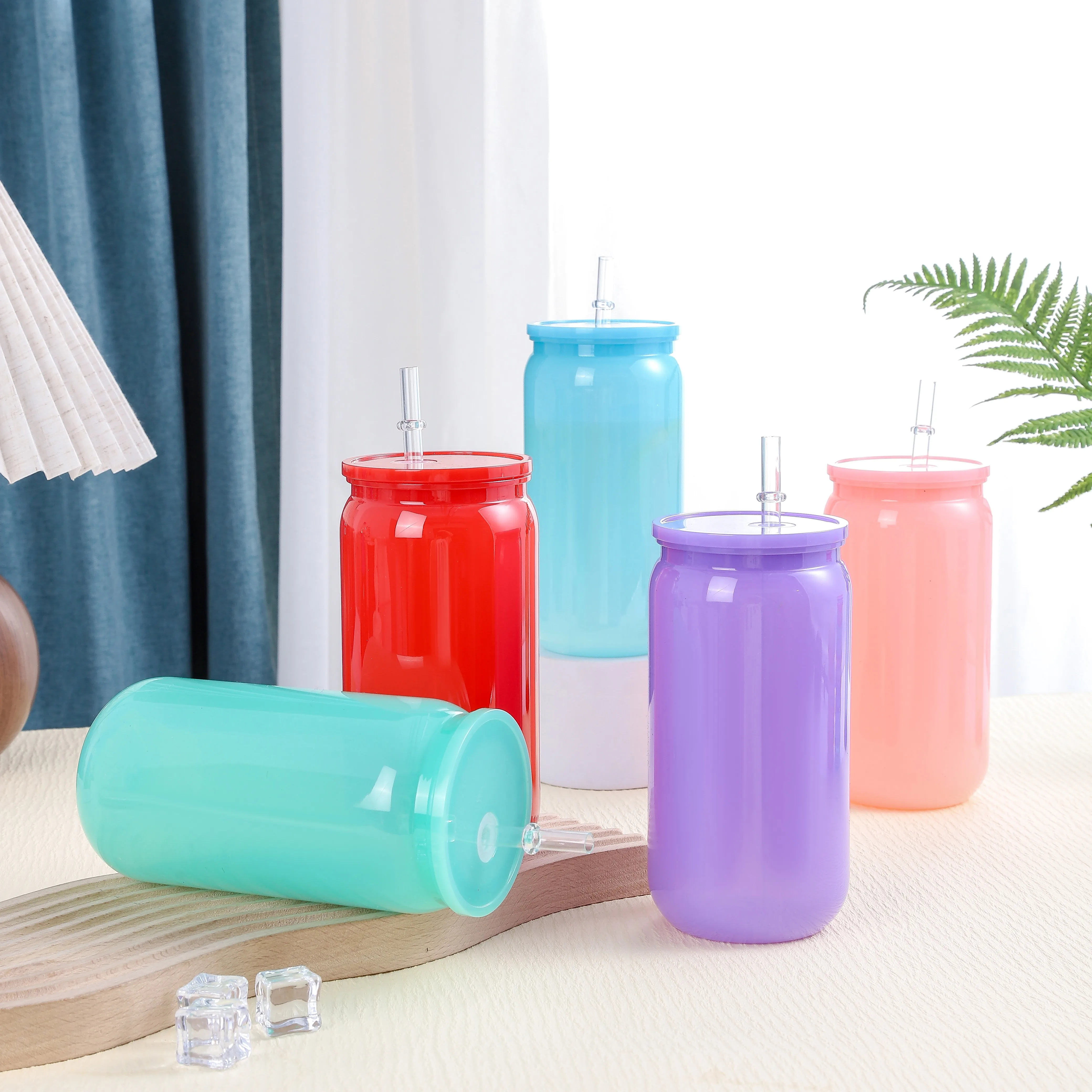 

6Pcs Transparent Straw Colored BPA Free Plastic Cup Eco-Friendly Straw Cup Portable Water Bottle With Lid For Cold Milk Drinks