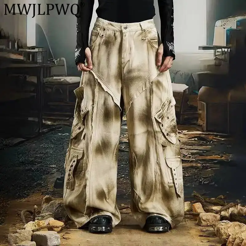 MWJLPWQ Deconstructed Distressed Loose Jeans Men's New Heavy-duty Three-dimensional Cut Multi-pocket Wide-leg Trousers 14890
