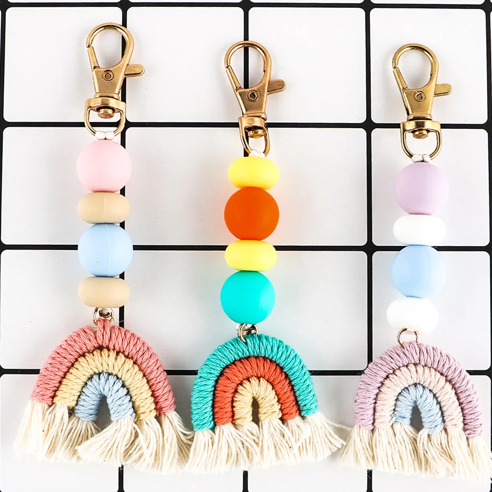 20/50/100Pcs Handmade Woven Cotton Rope Rainbow Beads Jewelry Making Tassels Boho Style Pendants Rainbow Keychain Accessories