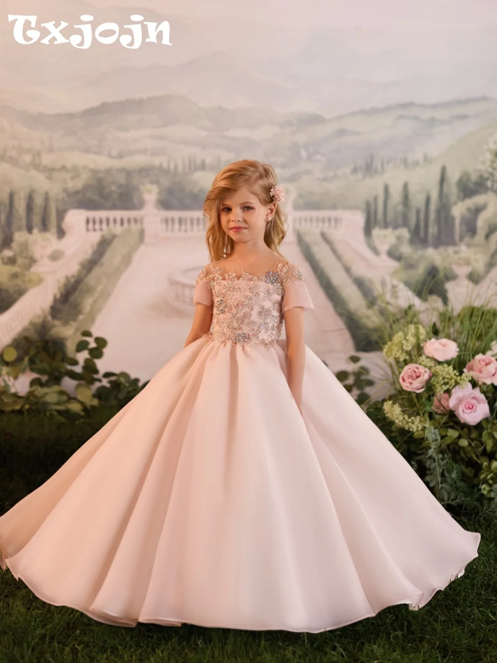 Girls Shimmering Beaded Appliques Dresses For Birthday Party Elegant Oneck Short Sleeve Kids Princess Gown Formal Evening Dress