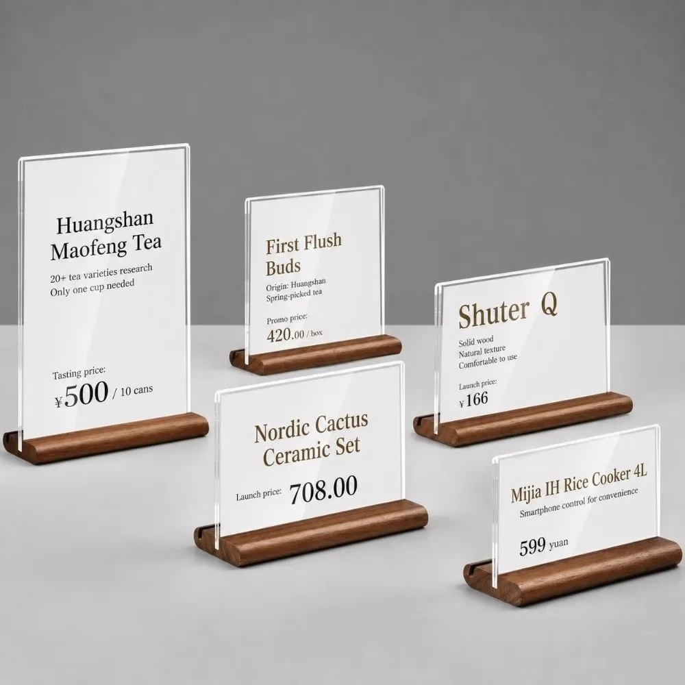 Transparent Acrylic Table Sign Card Holder Vertical Standing Desktop Standing Price Display Stand Solid Wood Base