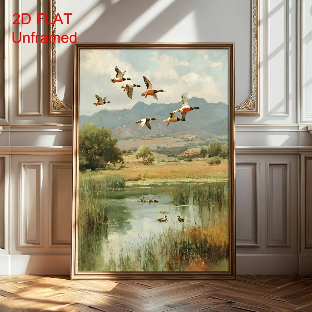 2027,2D FLAT 1pc Unframed Vintage Flying Mallard Duck Rustic Canvas Poster Farmhouse Countryside Marsh Landscape Wall Art Pri