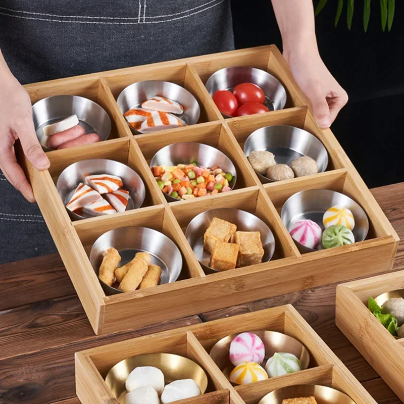 4/6/9Grids Stainless Steel Sauce Dish With Wooden Tray Japanese Jiugongge Sushi Plate Party Snack Appetizer Serving Storage Tray