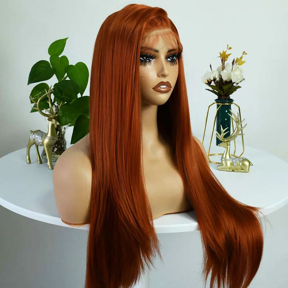 Парики с длинными волосами, 30 дюймов, рыжий оранжевый парик, 13x4 HD, прозрачный прямой парик с костями, синтетический парик спереди, парик плотности 220