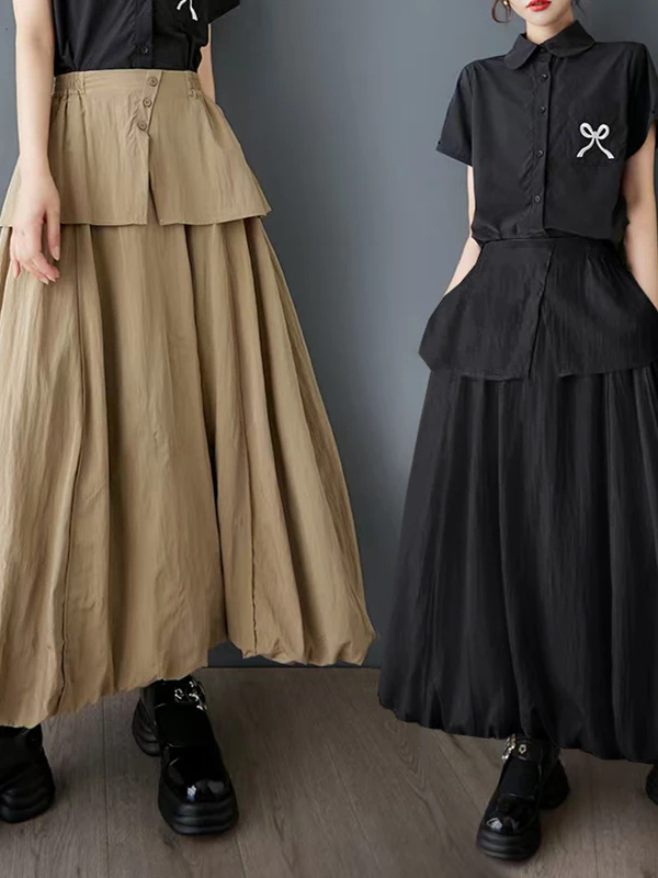 

Loose f-length Skirt Women's Summer Wide-leg Korean Sle Faux Two-piece Pleated Long Skirt l Waist A-line Silhouette