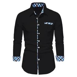 Camisa polo manga longa emendada masculina, casual de negócios, cor sólida, designer confortável, tecido macio, top, alta qualidade, novo