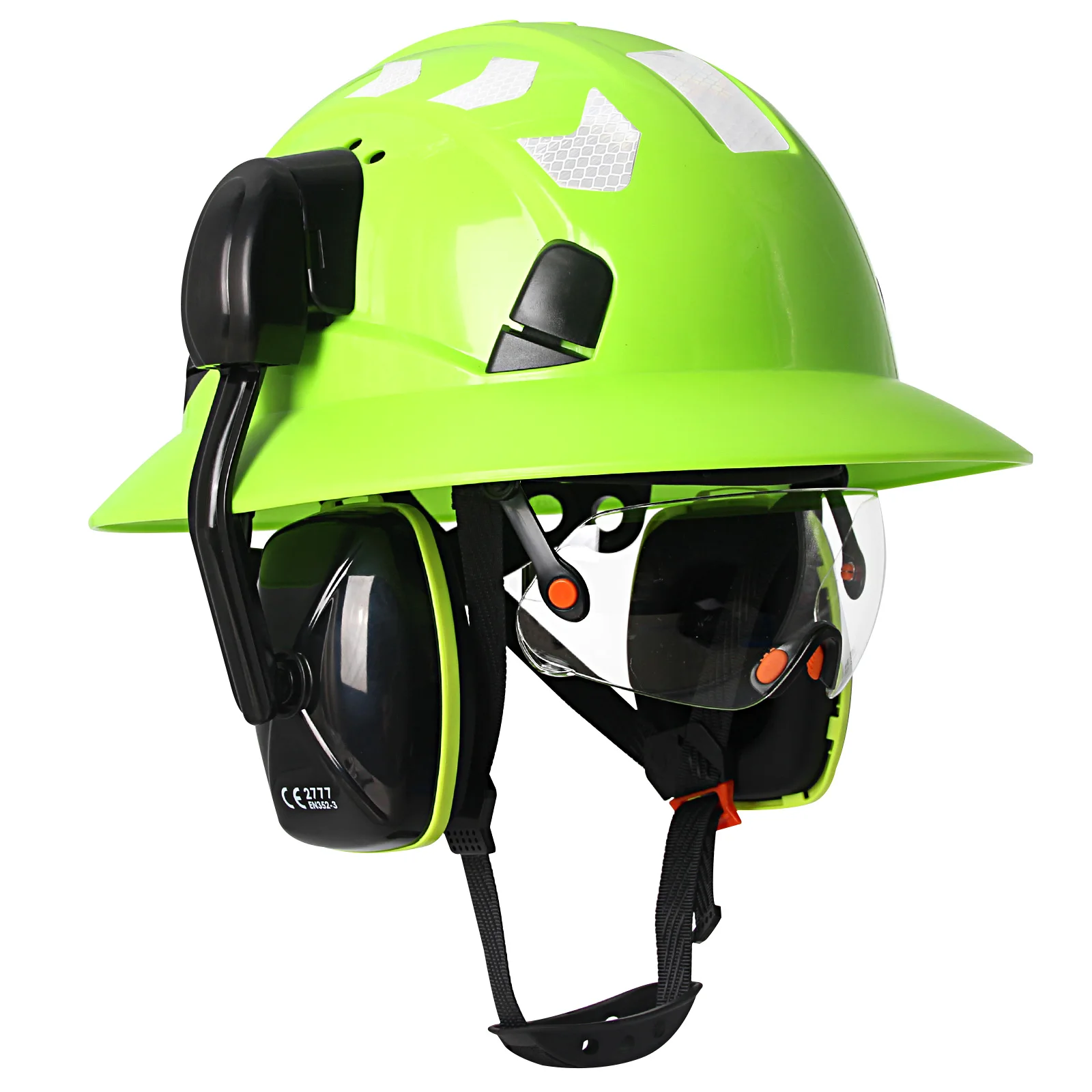 Full Brim Safety Helmet with Reflective Stickers Goggles Earmuffs Construction Hard Hat Protective Work Rescue Cap for Engineer