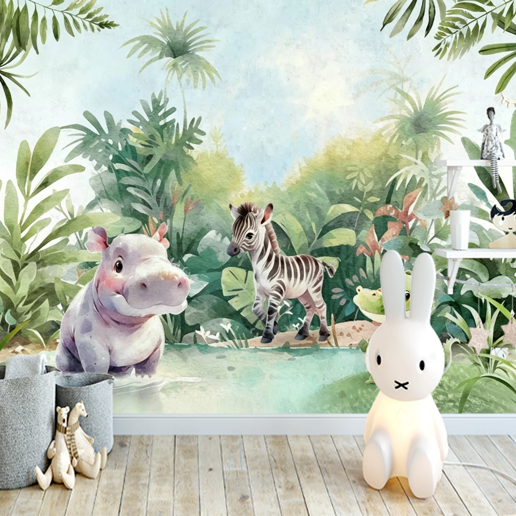 Custom Mural Wallpaper Kids Jungle Peel And Stick Wall  Hippo Zebra Tropical Leaf Cartoon For Nursery Bedroom Home Decor