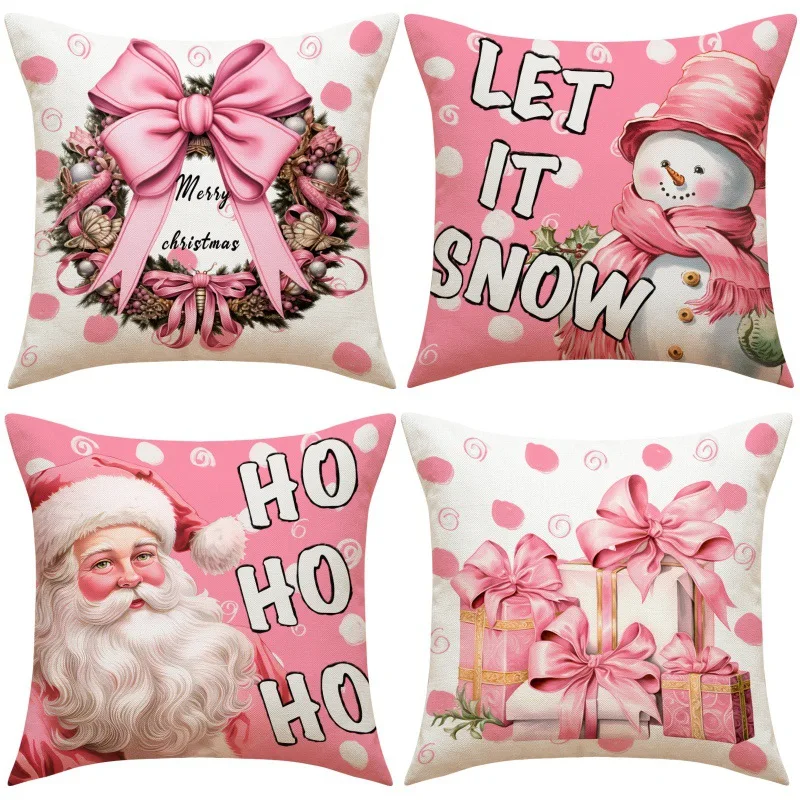 

Pink snowman flower Santa Claus 45cm Christmas pillow cover linen printed simple pillow home decoration holiday pillow pillow