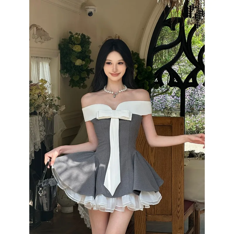 Korean Gentle Style Super Beautiful One Shoulder Waist Cinched Fluffy Short Skirt Small Stature Stunning Dress Autumn Fashion