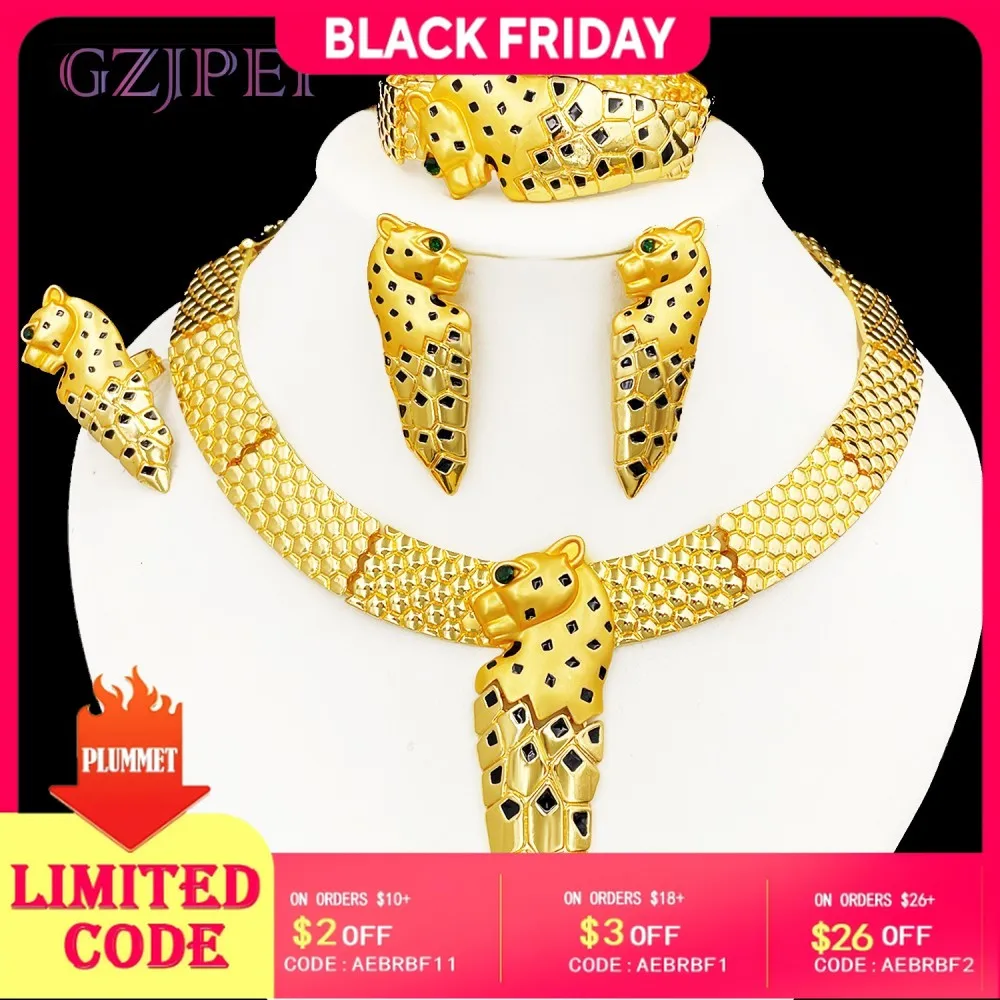 

GZJPEI преувеличенный большой комплект ювелирных изделий, африканский золотой цвет, леопардовое ожерелье, браслет, шикарные большие серьги, кольцо, модный подарок на вечеринку 2025