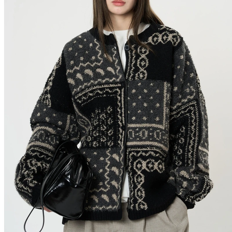 

Retro Jacquard Thick Wool Knitted Cardigan Delicate and Soft Top Women's Clothing