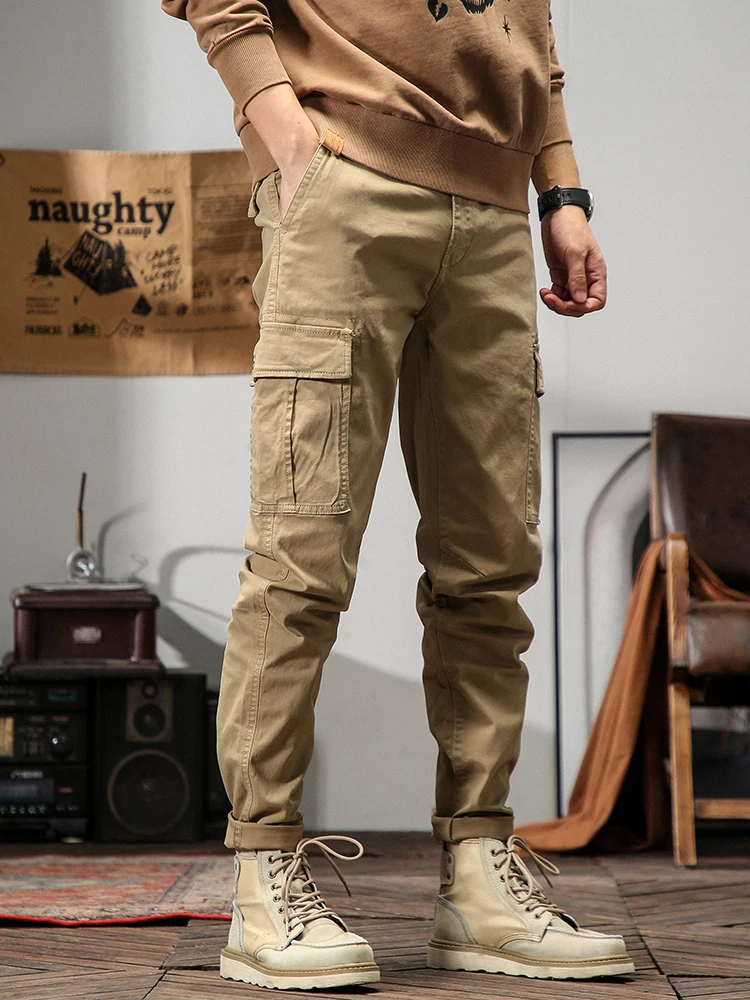 ฤดูใบไม้ผลิฤดูร้อนตรงกางเกง Cargo ผู้ชายหลายกระเป๋ากองทัพทหาร Slim Fit ทำงาน Joggers ลำลองผ้าฝ้ายยุทธวิธีกางเกง