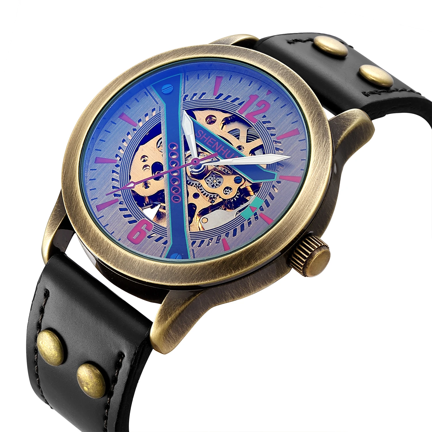 SHENHUA Retro Bronze Man's Automatic Mechanical Watch Luxury Skeleton Steampunk Waterproof Men Wristwatch