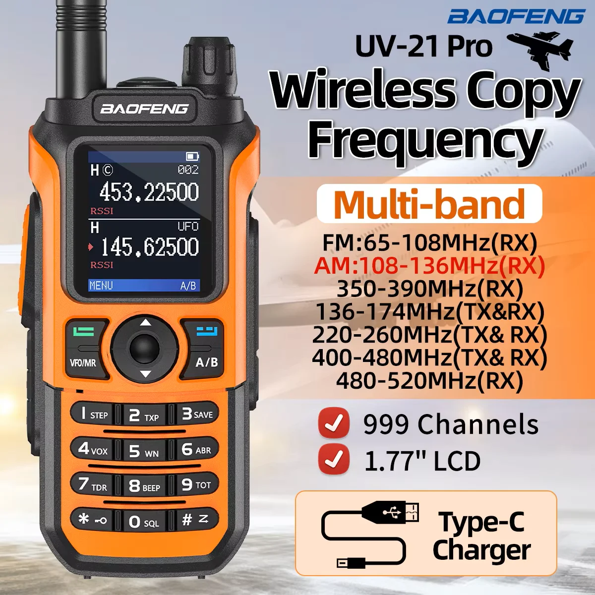 Baofeng UV-21 PRO Walkie Talkie Long Range Wireless Copy Frequency Type-C Charger Tri band Powerful Waterproof V2 Two Way Radio