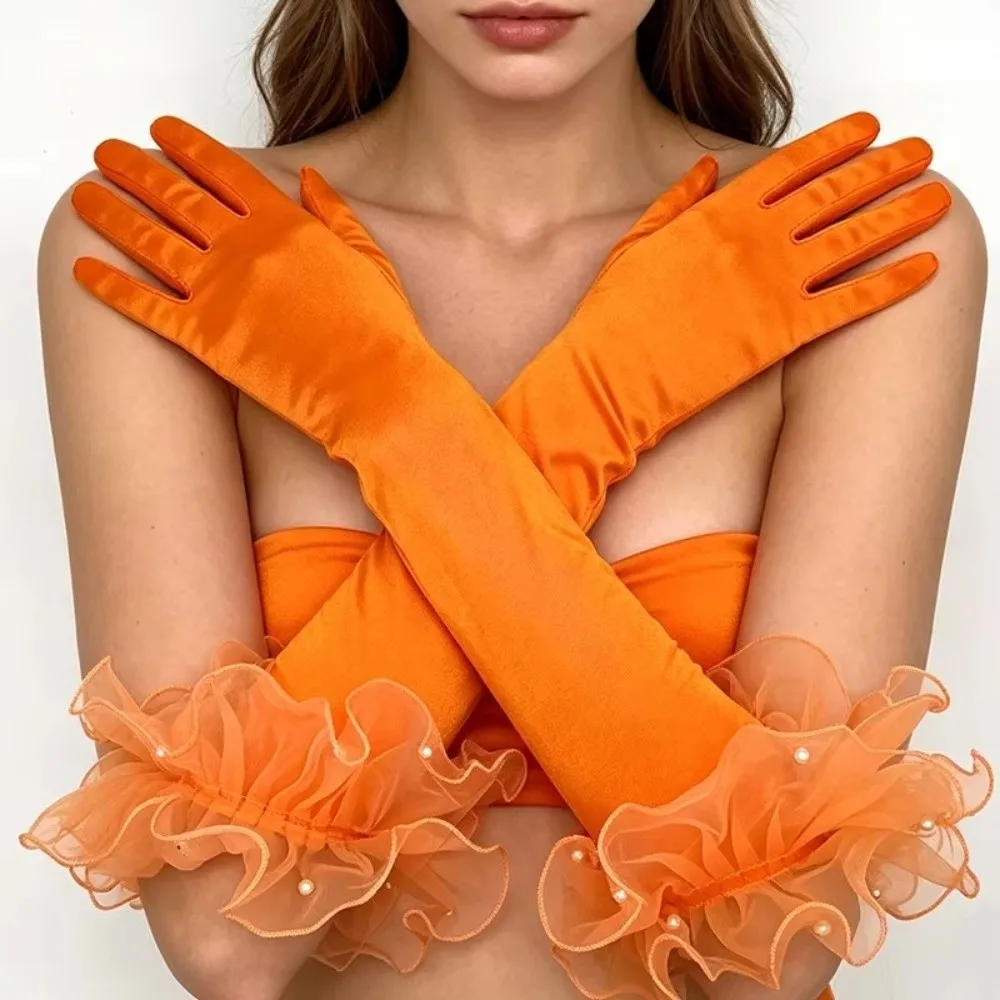 Vintage 55CM Women Long Satin Gloves Tulle Ruffle Pearl Bridal Gloves Performance Gloves Prom Wedding Party Opera