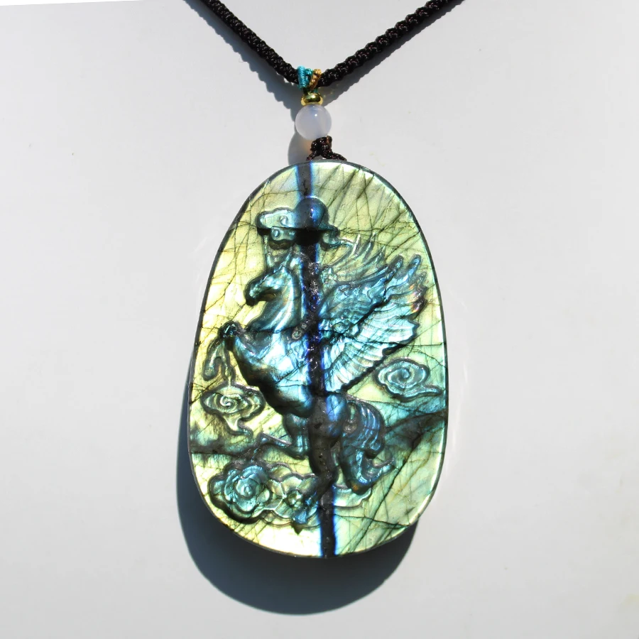 

Натуральный сильный флэш-лабрадорит, драгоценный камень, кристалл, летать, единорог, резьба, ожерелье, кулон для подарка