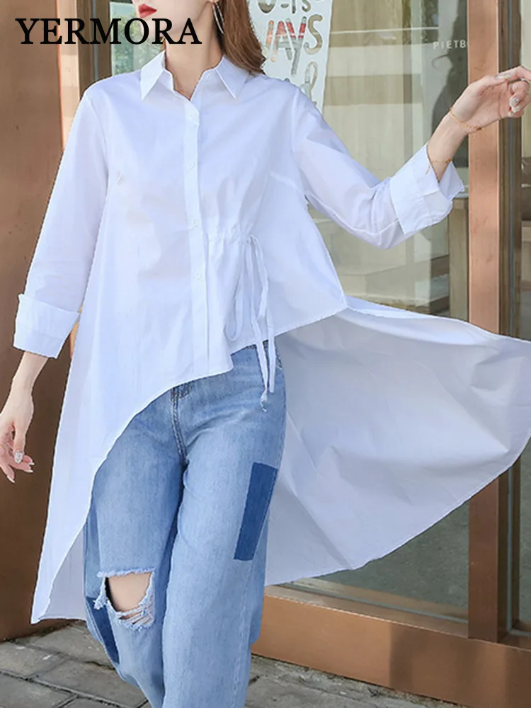

YERMORA White Irregular Bandage Casual Long Blouse Fir Women Lapel Long Sleeve Loose New Shirt Fashion Tide Spring Autumn 2025