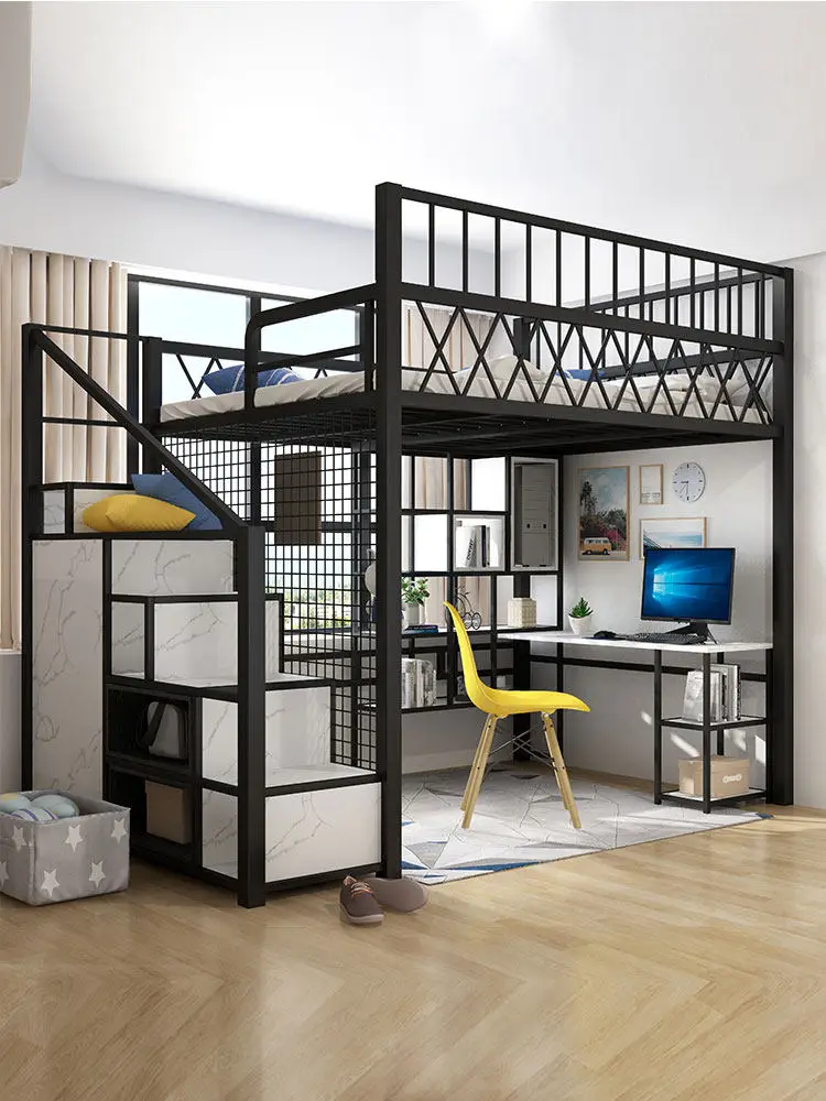 Multifunctional space-saving elevated bed sheet upper floor apartment duplex loft bed wrought iron high and low bed small apartm