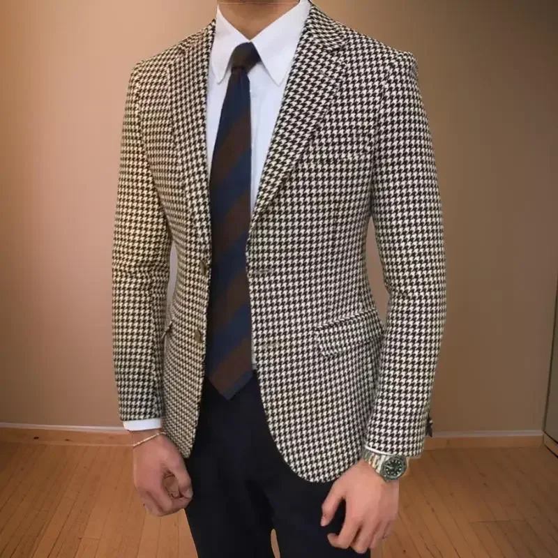 Plaid Men Suit Jacket for Wedding Tuxedo Houndstooth Blazer 1 Pc American Style Notch Style Check Fashion Suit 2024