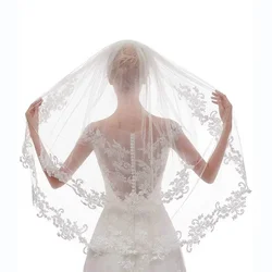 Wedding Bridal Veil 2 Tier Flower Lace Applique Edge Fingertip Length Tulle Veil with Comb for Brides