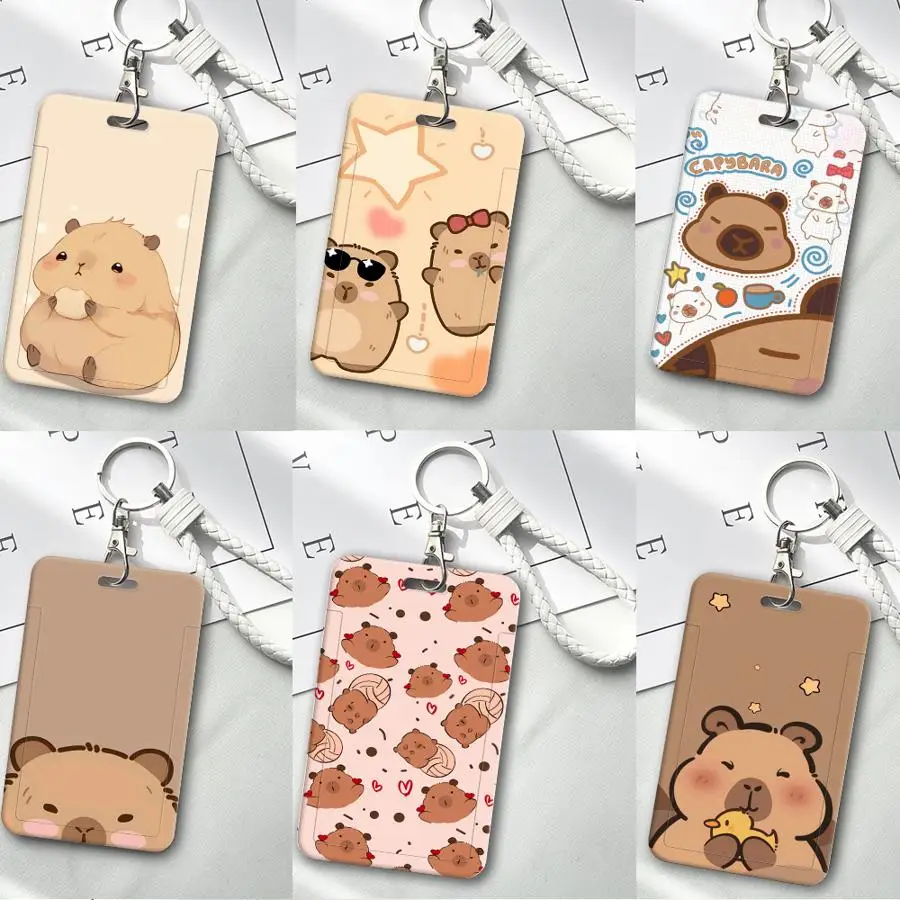 1Pc Card Holder Retractable Credit Card Holders Holders Child Bus with lanyard Badge Bank ID Cover Case Cartoon Capybara