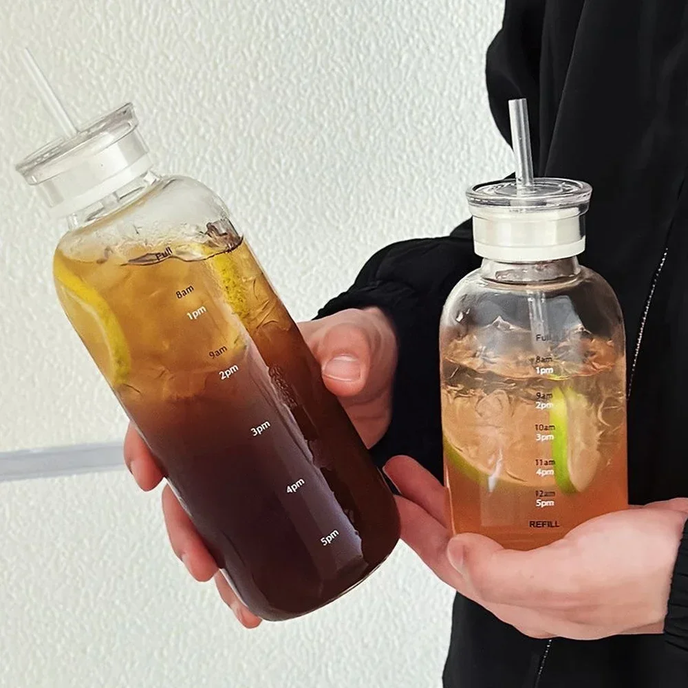 

Glass Water Bottle With Time Marker 350-700ml Large Capacity Transparent Juice Milk Glass Cup With Lid And Straw Drinking