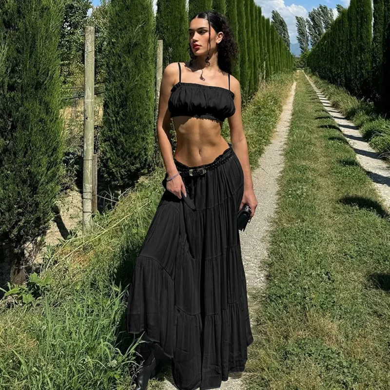 Pleated Halter Top 2 Piece Sexy Sleeveless Backless Plunge Set Casual Beach Holiday Female Long Halter Skirt 2 Pieces