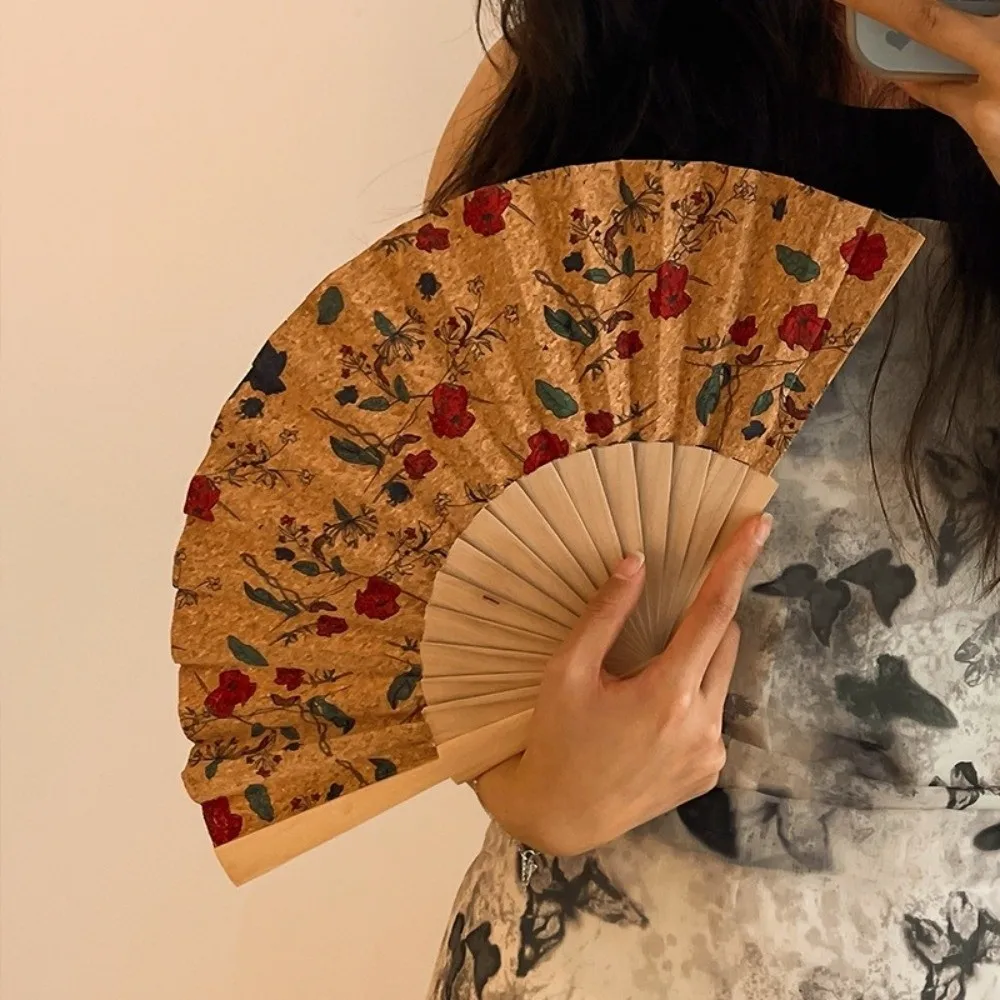 Portable Bohemian Style Cork Folding Fan Props Home Decor Hand Held Fan Graft Gift Wooden Folding Fan