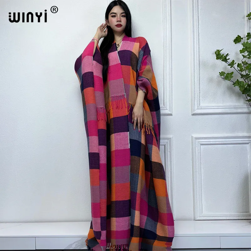 WINYI Retro plaid winter coat Middle East kaftan Pleated dress Africa Cardigan holiday cloak winter abaya women long down coat