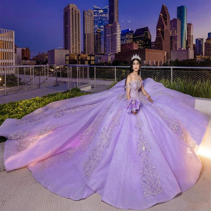 

Lavender Bling Ball Gown Quinceanera Dresses 2023 Bride Off Shoulder Sequin Applique Palace Dream Princess Wedding Dress