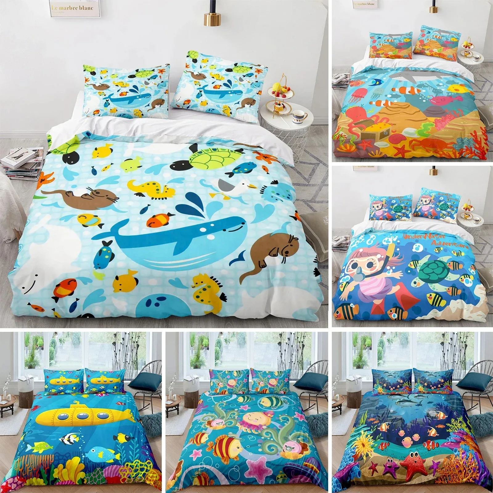 Cartoon Octopus Bedding Set KingQueen Size,Ocean Underwater World Duvet Cover Kids Sea Coral Fish Polyester Quilt Cover