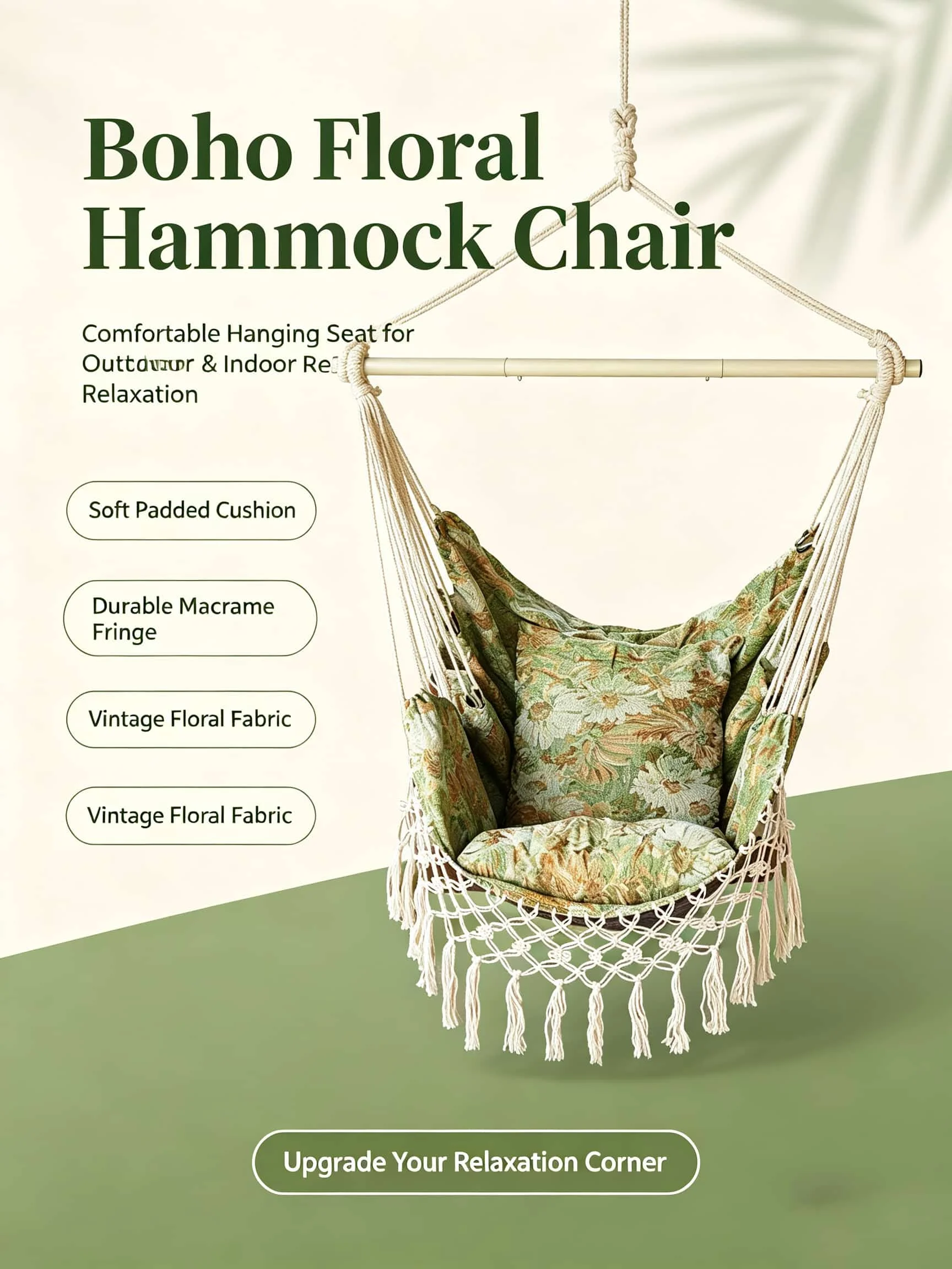Boho Floral Hammock Swing Chair with Cushion Tassel Hanging Chair with Wood Spreader Bar for Indoor Bedroom Balcony Garden Patio