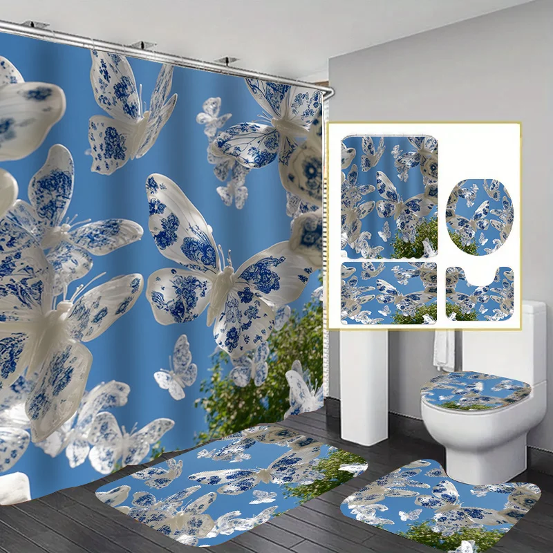 

4pc Christmas, Flower & Butterfly Bathroom Set - Includes Printed Shower Curtain, Non-Slip Mat, Toilet Cover, Bath Mat