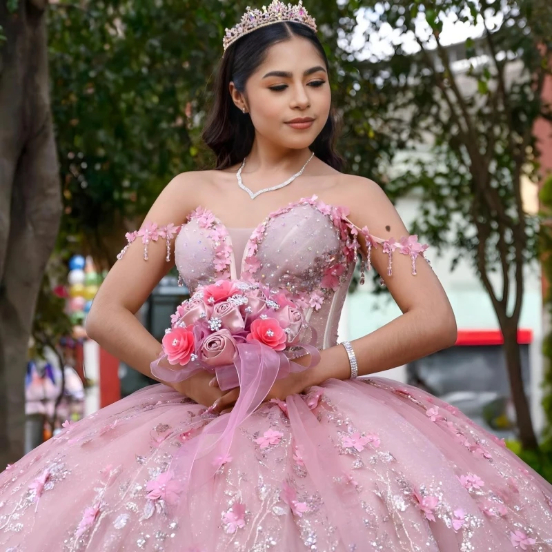 

Pink Shiny Quinceanera Dresses Off Shoulder Ball Gown Sweet 16 Dress Applique Flower Beading Crystal Tull Birthday Party Vestido