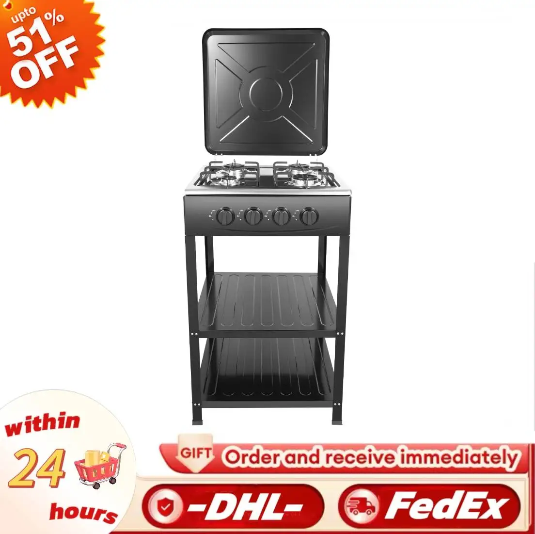 

4 Burner Gas Stove Portable Outdoor Stove w/ Wind Blocking Cover LPG Gas Stove with 2 Storage Shelves for RV Outdoor Cooking