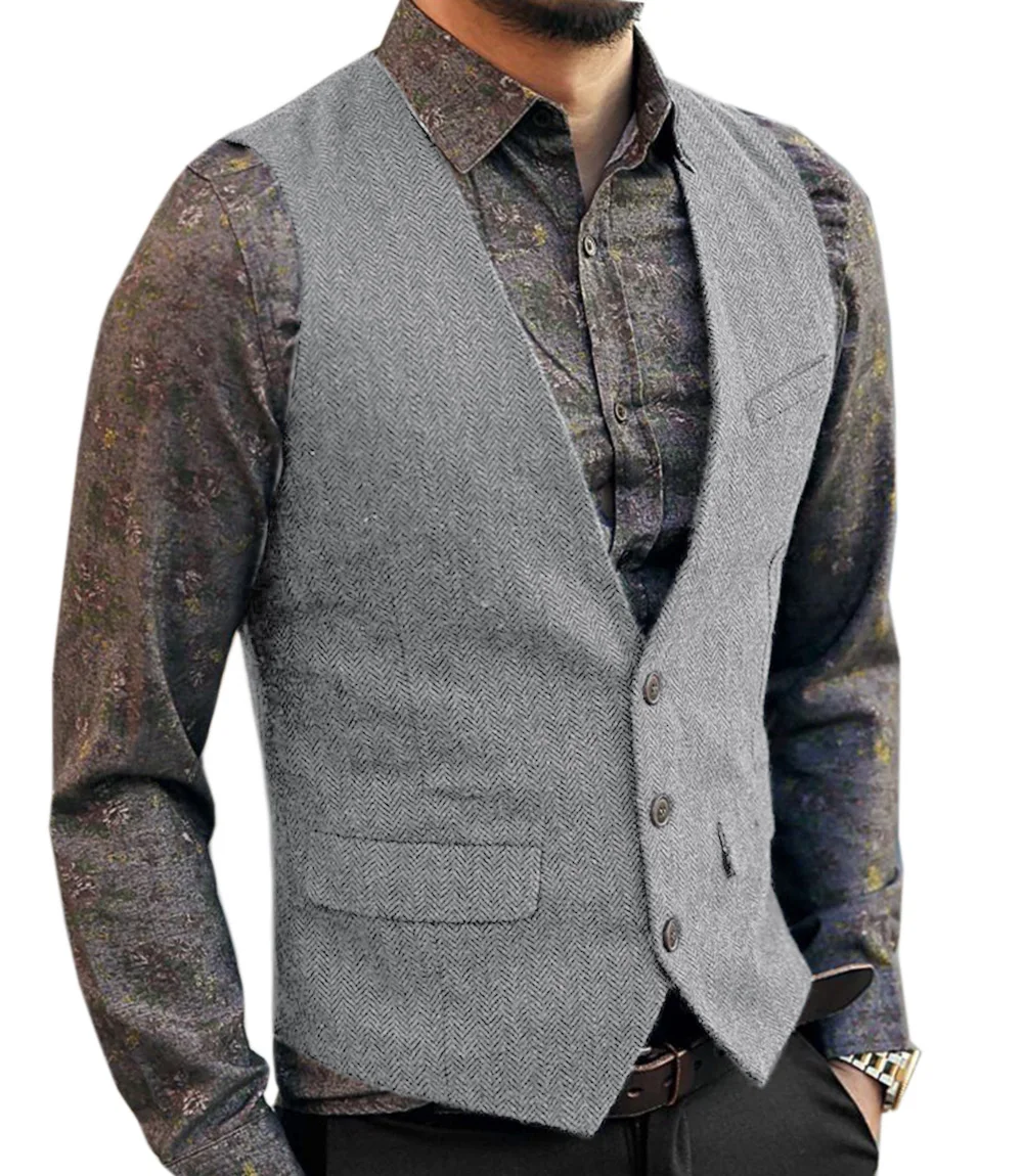 Deep V-Neck Suit Vests  Classical Formal  Business Herringbone  Wood Waistcoat Slim Fit Men\'s Vest For Wedding