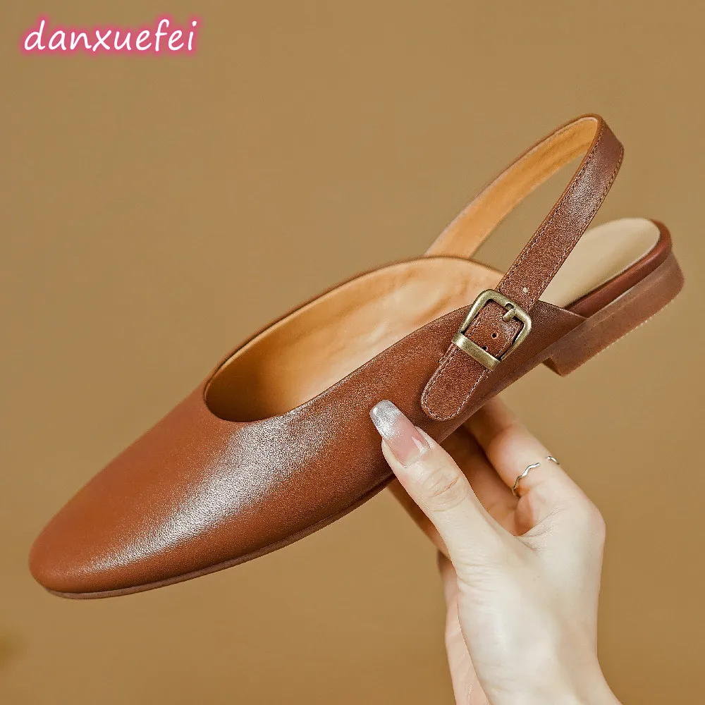 danxuefei women\'s genuine leather round toe slingback slip-on flats sandals 2023 summer new casual daily sandalias shoes women