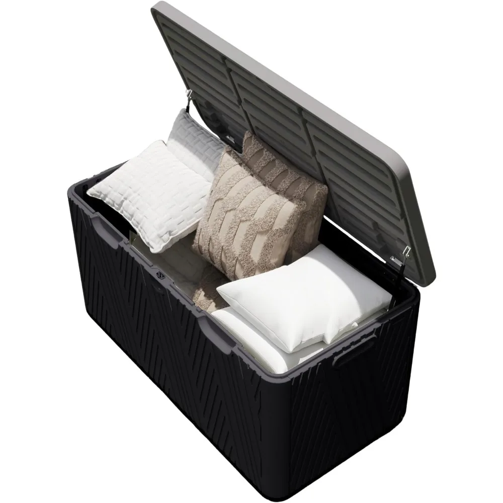 

110 gallon outdoor storage box, waterproof resin deck box for indoor and outdoor use, lockable storage container