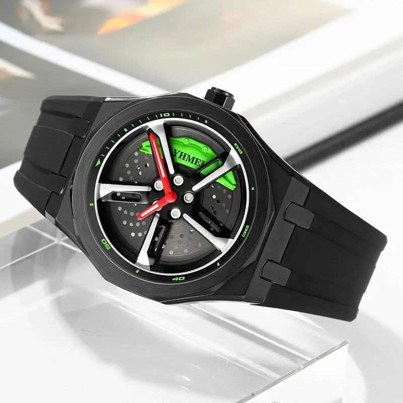 Rotation Dial Men Quartz Watch Car Wheel Rim Hub Reloj Black Red Clock Male Luxury Sports Man New Conceptual Rotating Wristwatch