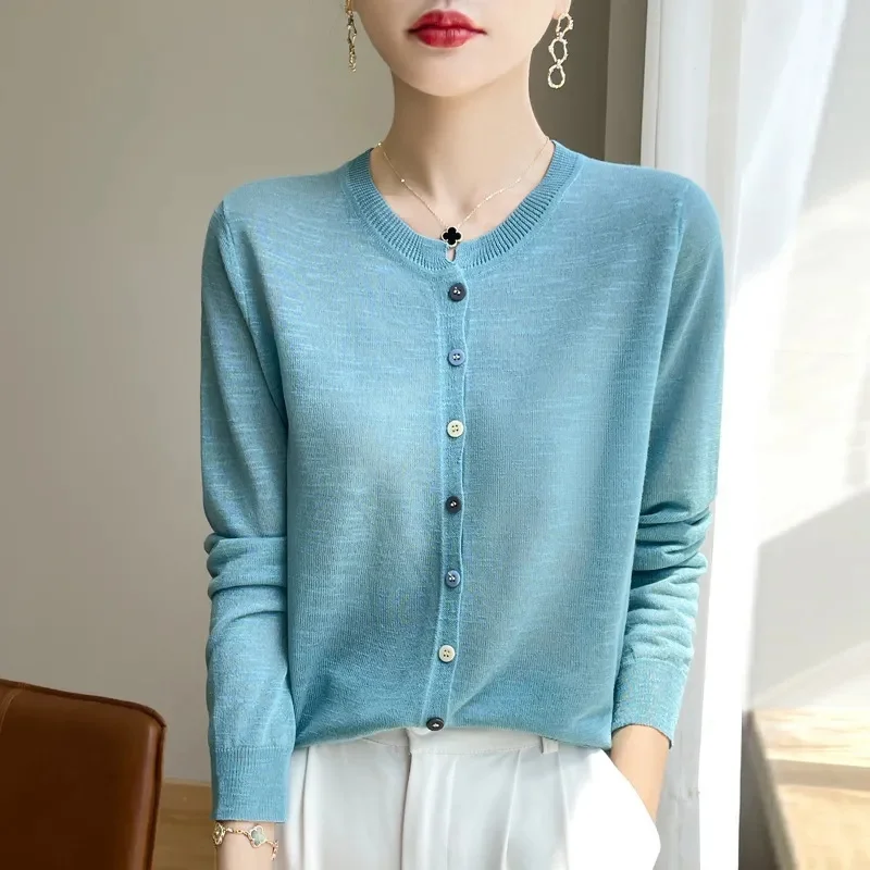 

Solid Color Knitted for Women Cardigan Korean Single Breasted Long Sleeve Jumper Woman Round Neck All Match Cardigans Outwear