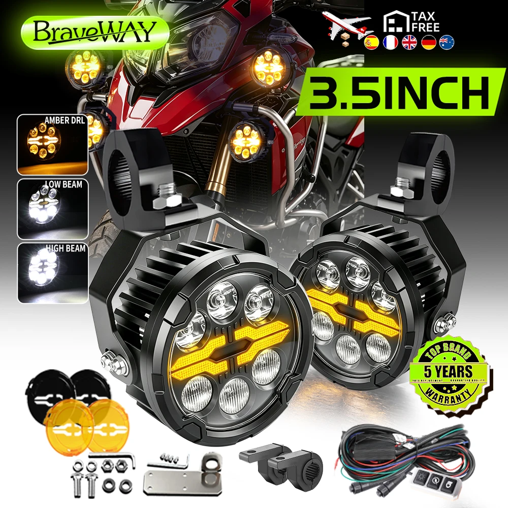 Kit fari a LED per moto Braveway, nuovo modello per uso fuoristrada, 6 LED, 3,5", fari fendinebbia DRL ambra con stroboscopio, cavo, interruttore e copertura di montaggio per BMW 12V 24V