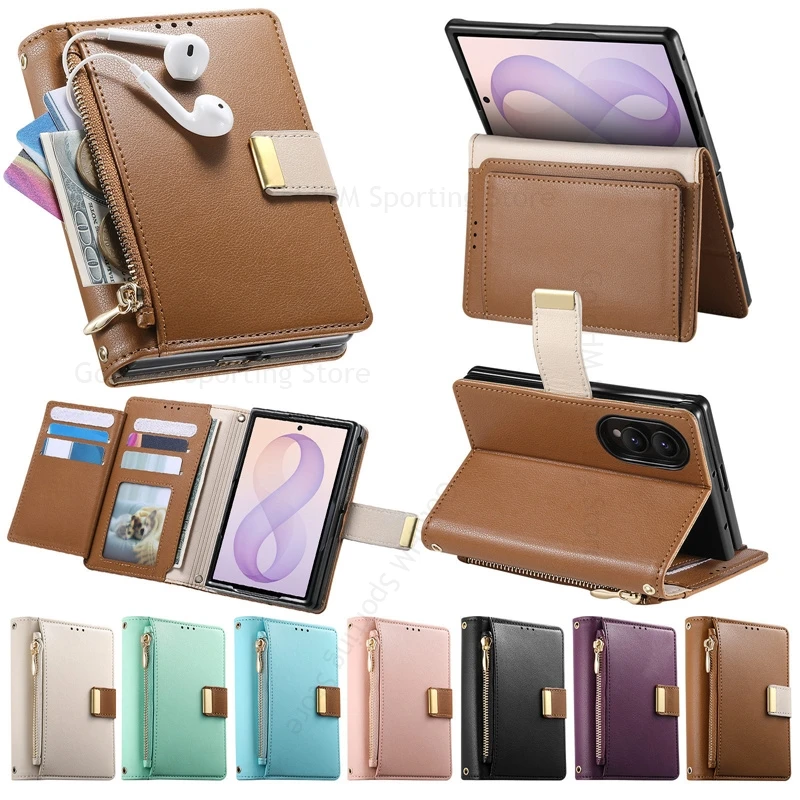 Leather Phone Case For Samsung Z Fold 8 Ultra 5G Zipper Flip Card Slot Wallet Stand Shockproof Cover For Galaxy Z Fold8 7 6 5 4