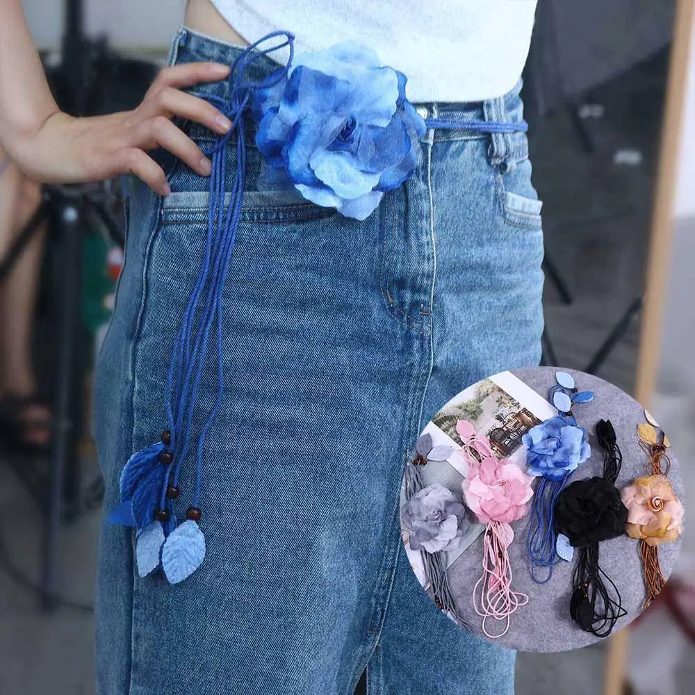 

Fashion Elegant Big Flower Tassle Thin Chiffon Waist Chain Belts Waist Rope Waistband