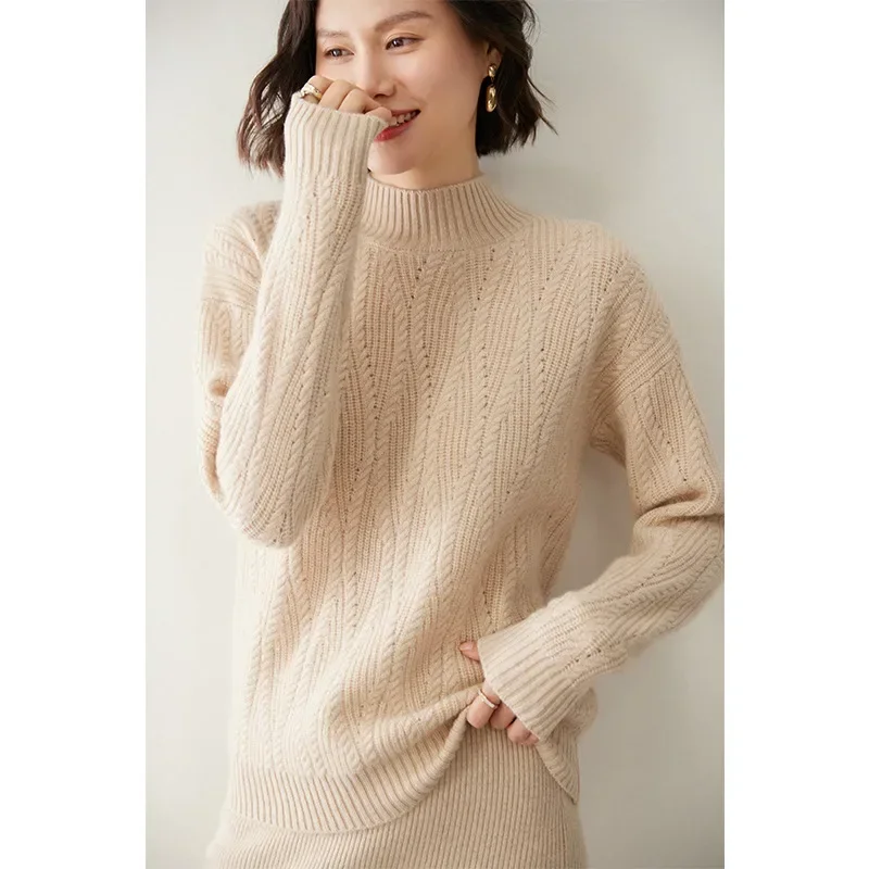 2023 Women's Autumn/Winter New Cashmere Jacquard Seven Needle Double Strand Thickened Half High Neck Knitted Versatile Sweater