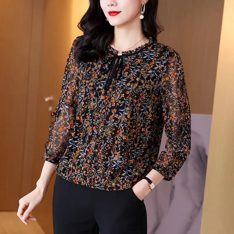 Korean Fashion Women\'s Clothing New 2023 Spring Summer Thin Printing Lacing Pleated O-neck 3/4 Sleeve Pullovers Floral Blouses