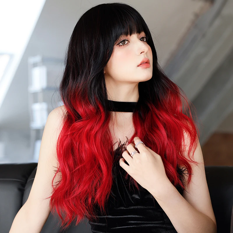 NAMM Long Wavy Ombre Black Wig for Women Daily Party Natural Synthetic Red Hair Wig with Fluffy Bangs Heat Resistant 25inch